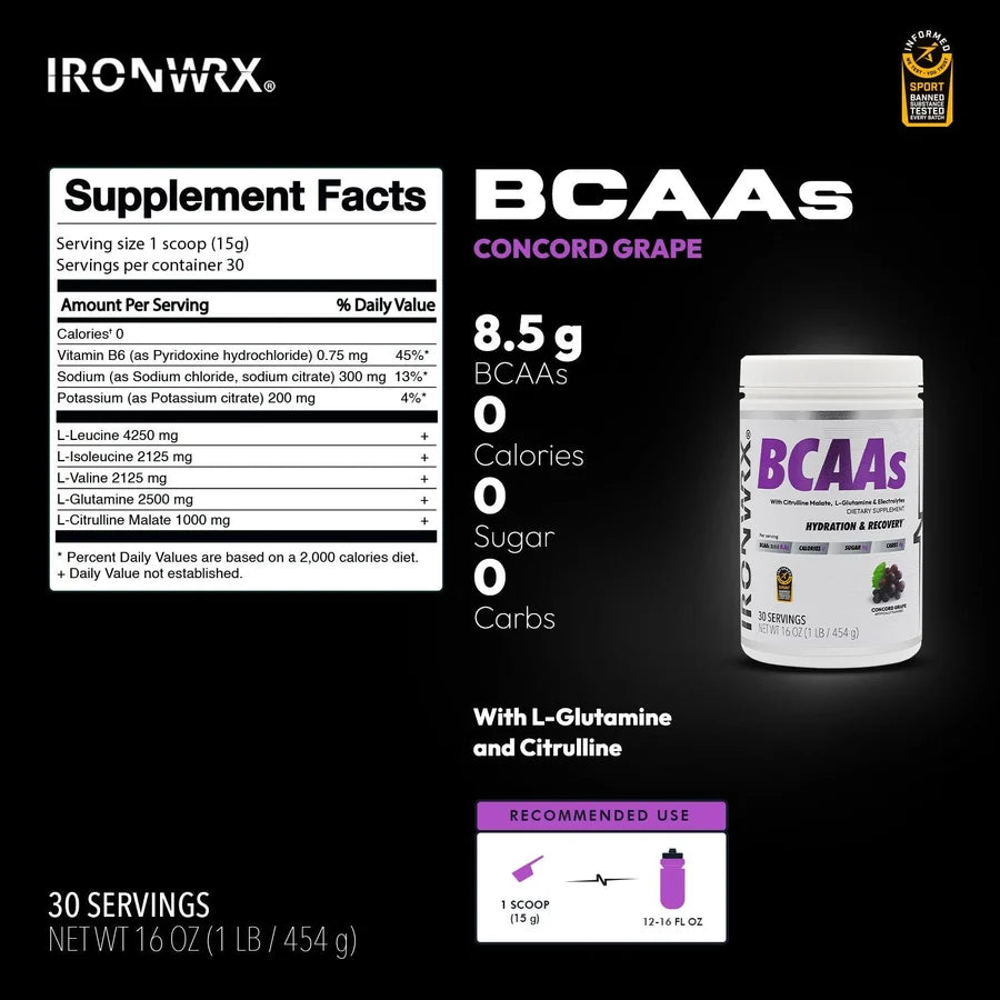 BCAA Powder with L-Glutamine & Citrulline Malate – 8.5g BCAAs, Zero Sugar | IRONWRX