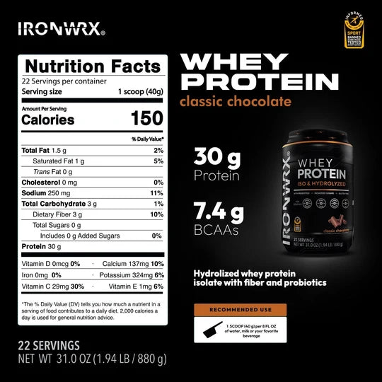 100% Hydrolyzed Whey Protein Isolate – 30g Protein, 7.4g BCAAs, Easy Digestion | IRONWRX 22 Servings.