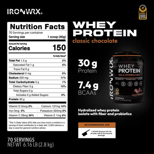 100% Hydrolyzed Whey Protein Isolate – 30g Protein, 7.4g BCAAs, Easy Digestion | IRONWRX 70 SERVINGS