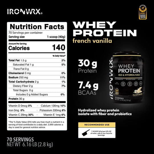 100% Hydrolyzed Whey Protein Isolate – 30g Protein, 7.4g BCAAs, Easy Digestion | IRONWRX